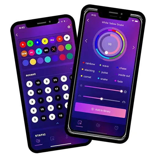 Two phones showing the Trimlight app color and pattern screens