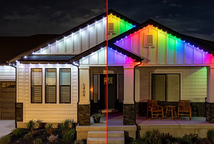 Split view of a home with white and rainbow permanent lights