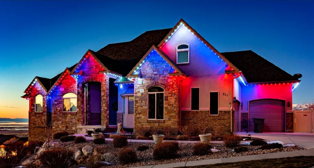 Pricing example: red and blue lights on a stone home