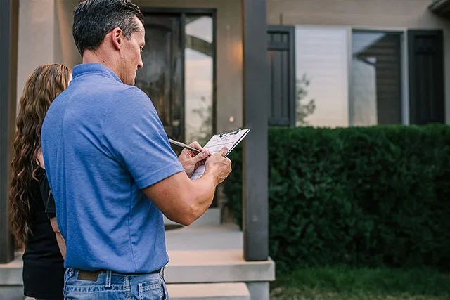 Lighting estimator taking notes with a homeowner