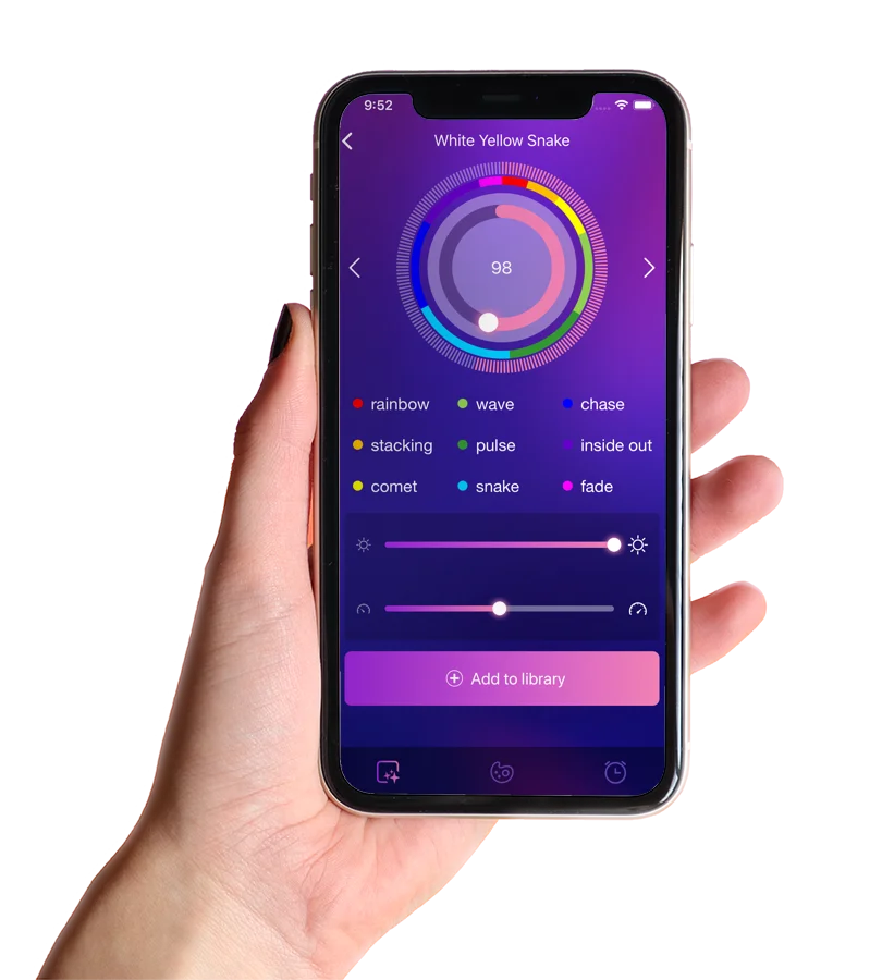 Hand holding a phone with the Trimlight app pattern screen