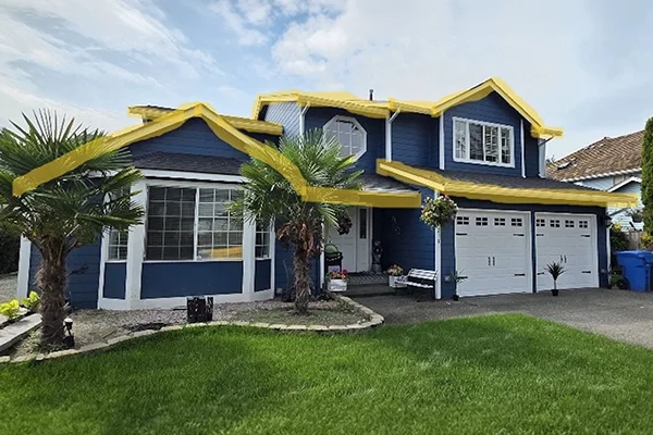 Home with about 131 to 160 feet of permanent roofline lights