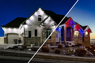 Split view of a stone home with white and red-blue lights